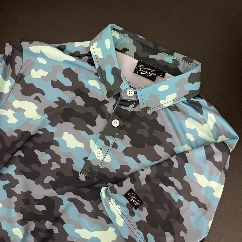 Sunday Swagger Golf Polo Shirt Mens Large Blue Camo Short Sleeve Performance